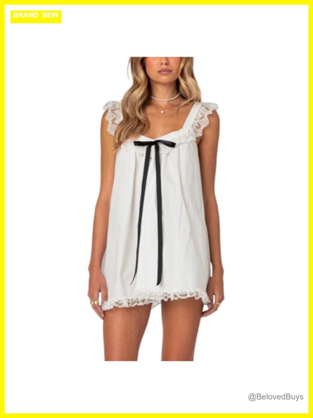 Womens Y2K Babydoll Mini Dress Lace Trim Bow Ruffle A Line Sundress